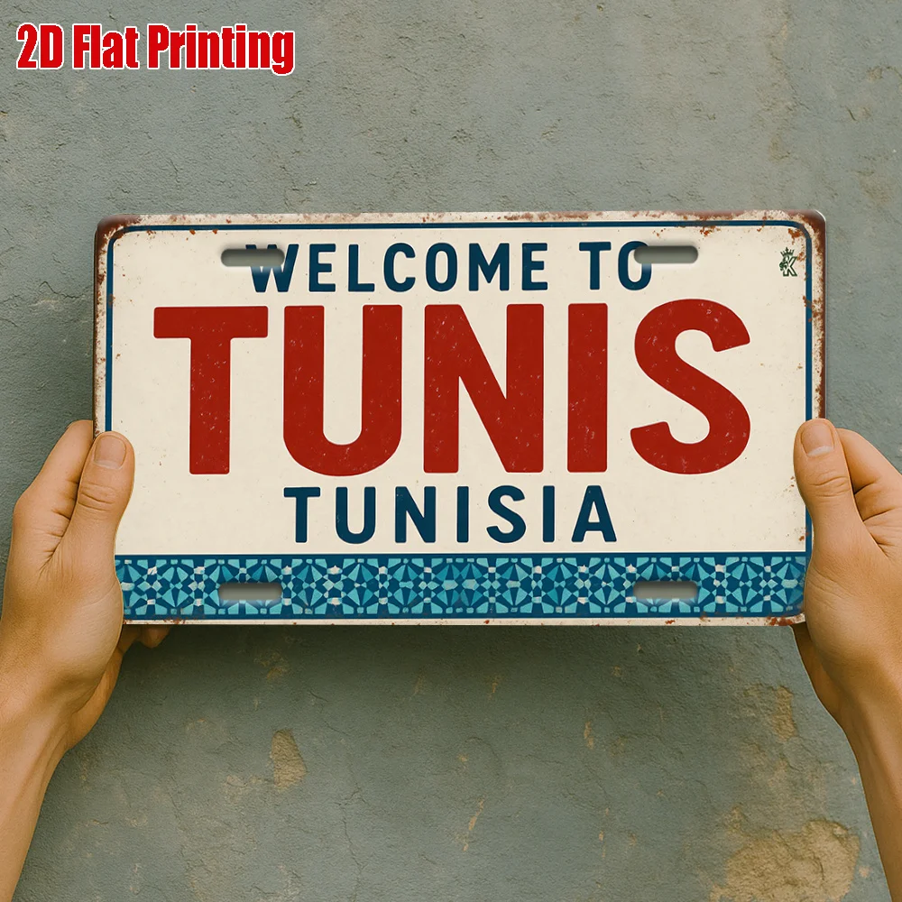 2D Flat, [2D Flat] [], 2D Flat Printing, 1pc, Welcome to Tunis Metal Sign, for Decorationg Only, Outdoor Wall Art (29.97cm * 14.
