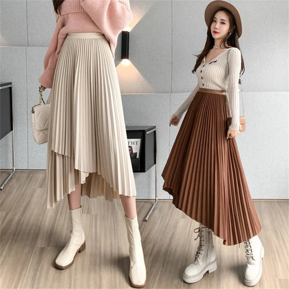 2024 Spring Autumn Pleated Skirt Women Fashion Elastic High Waist A Line Long Skirts Korean Style casual vintage black skirt