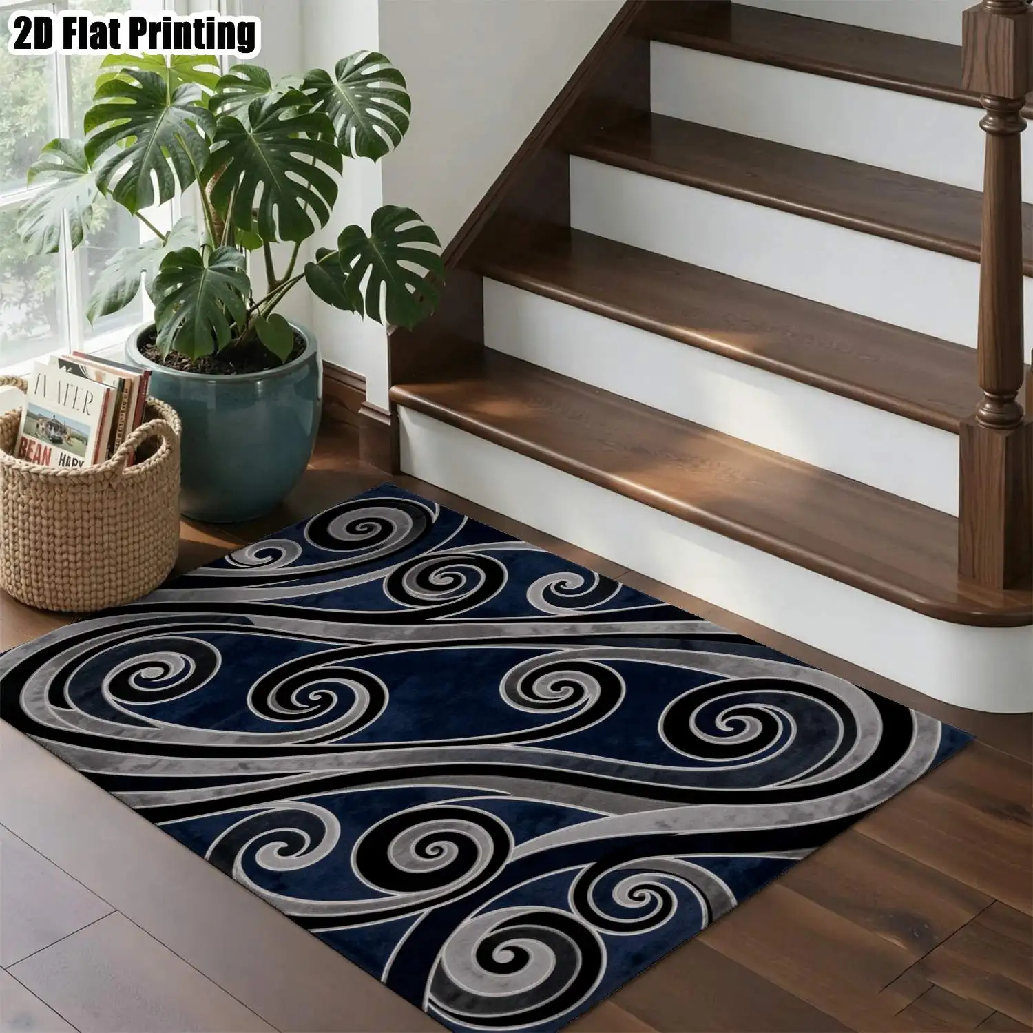 1Pc 2D Printed Blue-Grey Spiral Pattern Carpet, Nordic/Instagram/Modern Minimalist/European Style, Geometric Striped, Washable, Multi-Size, for Home Decor, Entryway/Dining Room/Foyer/Bedroom/Living Room