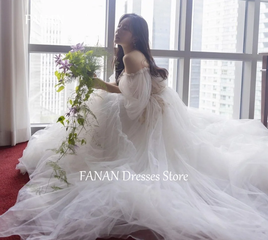 

FANAN Korea Off Shoulder Wedding Dresses 웨딩드레스 Ivory Puff Sleeves A-Line Ruched Simple Tulle Custom Made Bride Gowns Plus Size