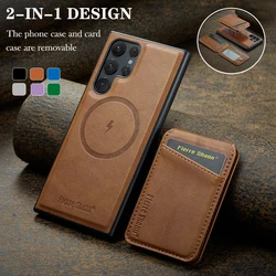 Leather for Magsafe Phone Case for Samsung Galaxy S24 S25 S26 Ultra S22 Plus S23 FE Bracket Magnetic Cover with Card Holder L025