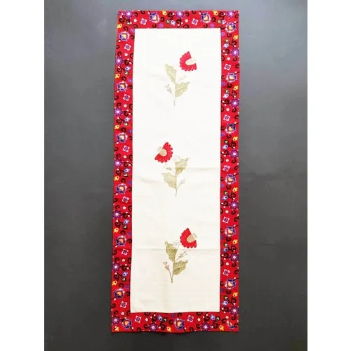 Wellstil Red Color Flannel Detailed Flowers Embroidered Authentic Runner