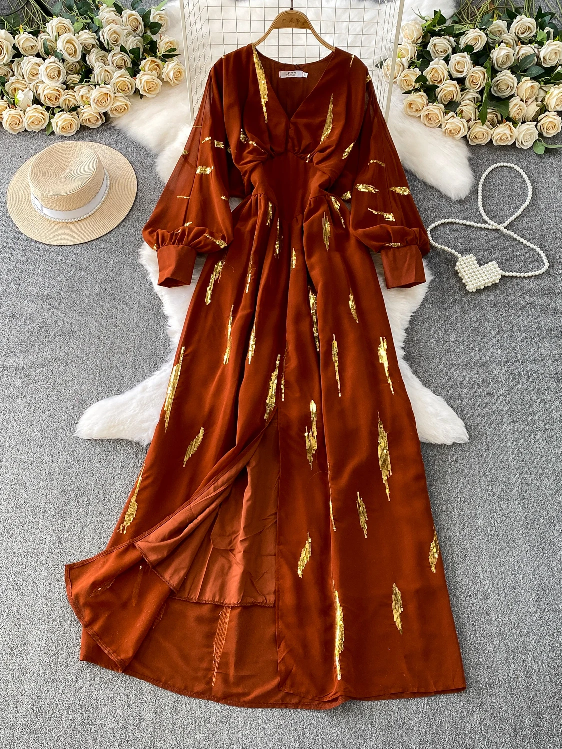 Ele v-ne longue Sve Dr femmes taille haute gaze minceur fendu paillettes Dr décontracté Sle a-ligne jupe pour Par