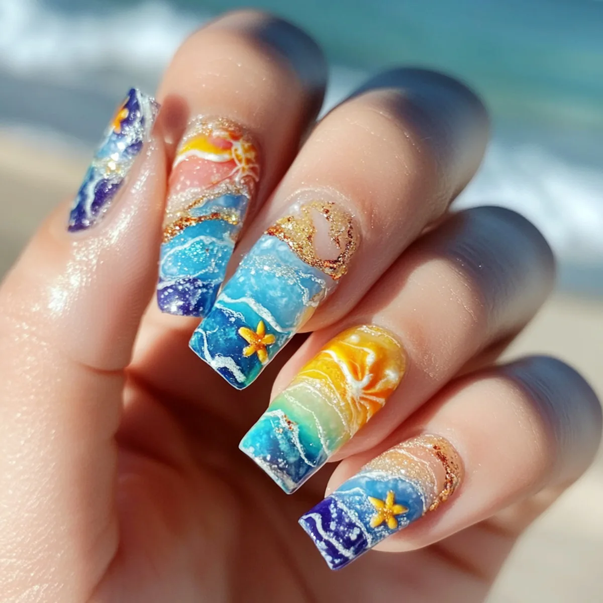 24pcs Ocean Blue False Nails Emboss Starfish Fake Nails with Dreamy Butterfly Flowers Press on Nails Fun Summer Square Nail Art