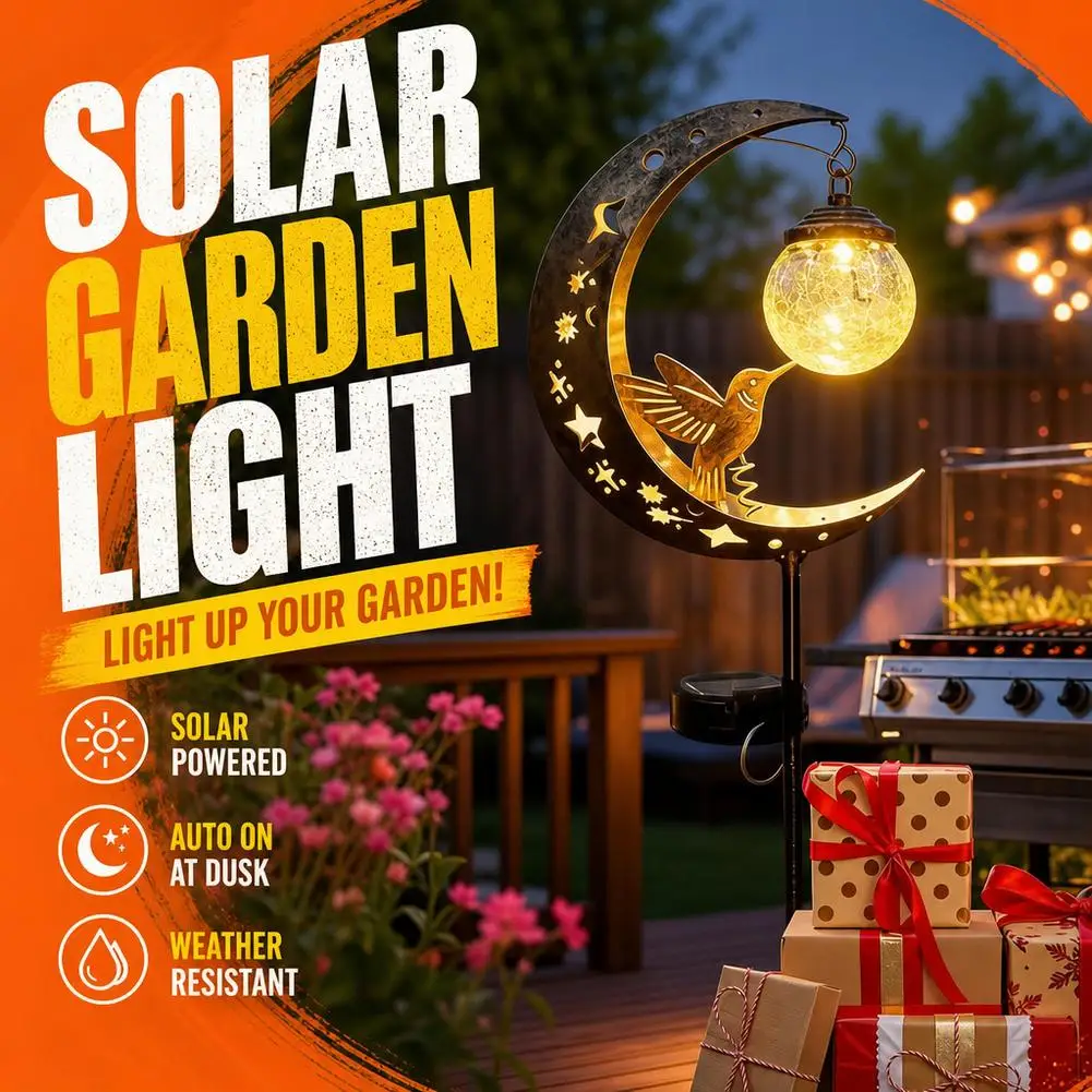 Solar Hummingbird Garden Light Metal Moon Stake Lamp Waterproof Cracked Glass Globe LED Outdoor Decorative Light For Patio