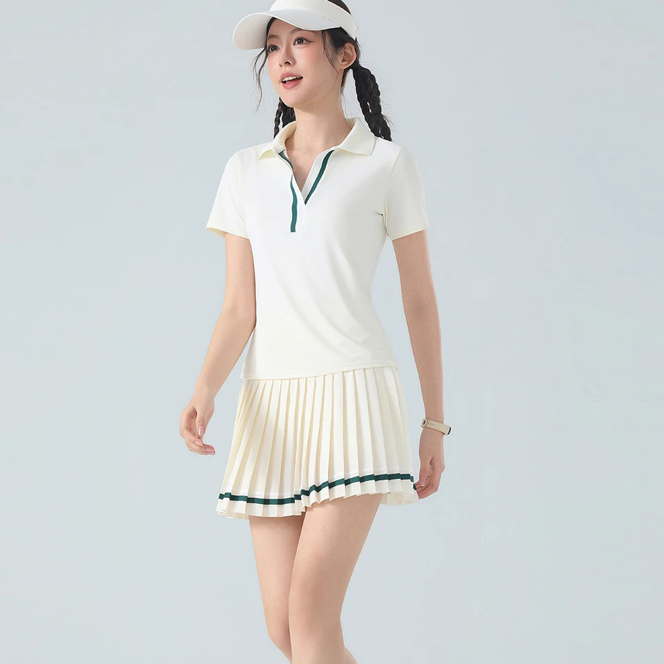 Women's 2 Piece Polo Collar Shirt Pleated Skirt Set Quick Dry Breathable Tennis Gym Athletic Outfit