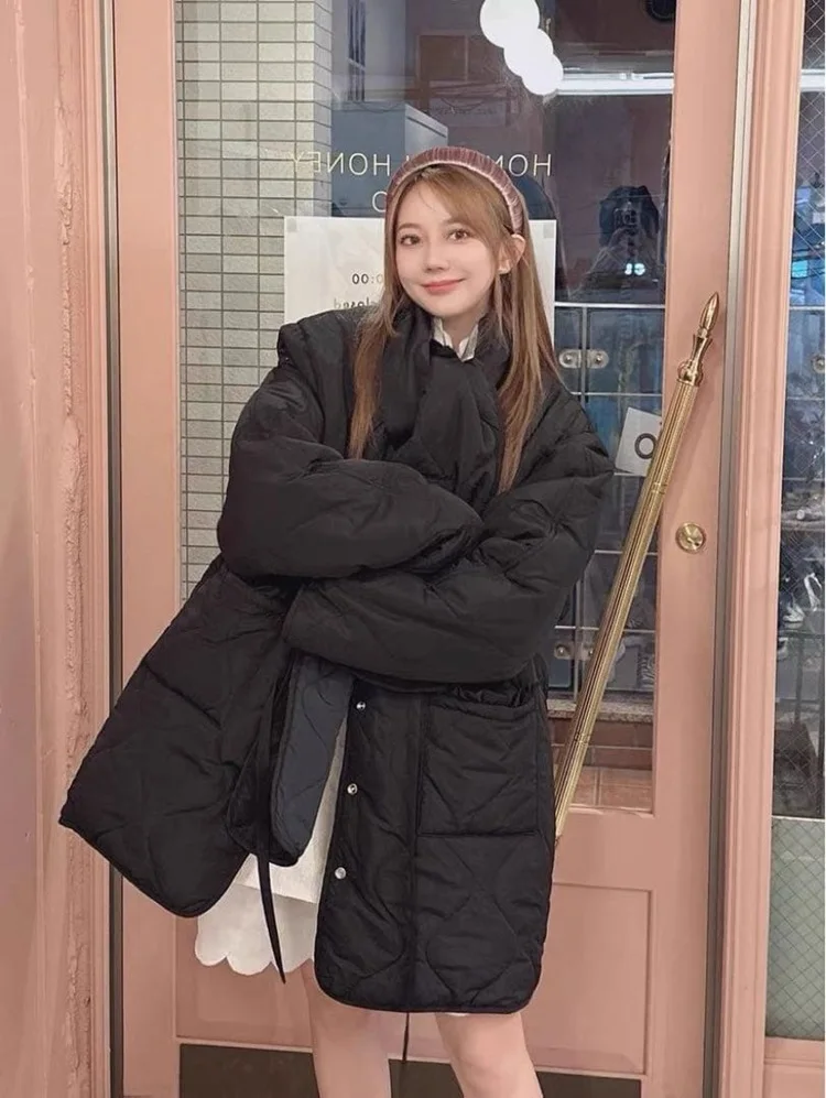 Inverno novo estilo japonês doce mangas destacáveis parkas longas 2025 novas meninas feminino solto fino casual para baixo parkas jaqueta quente