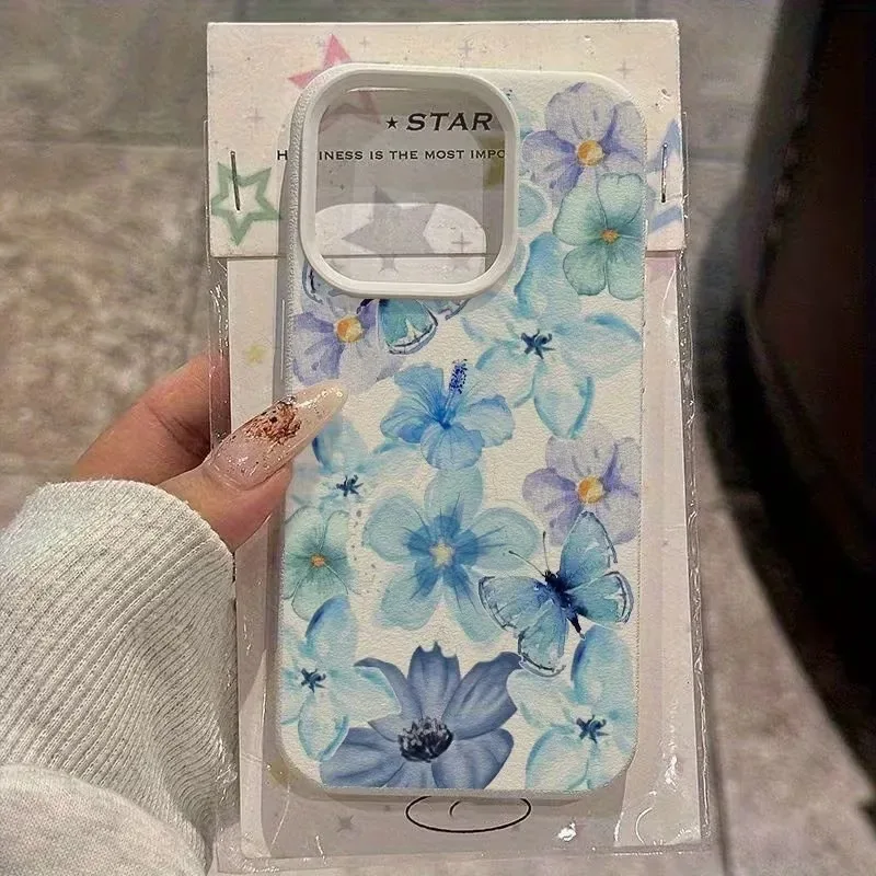 Fashionable Blue Floral Case For Samsung A05S A06 A07 A15 A16 A17 A34 A35 A53 A54 A55 S23 S24 FE S25 Ultra A26 A36 A56 Cover