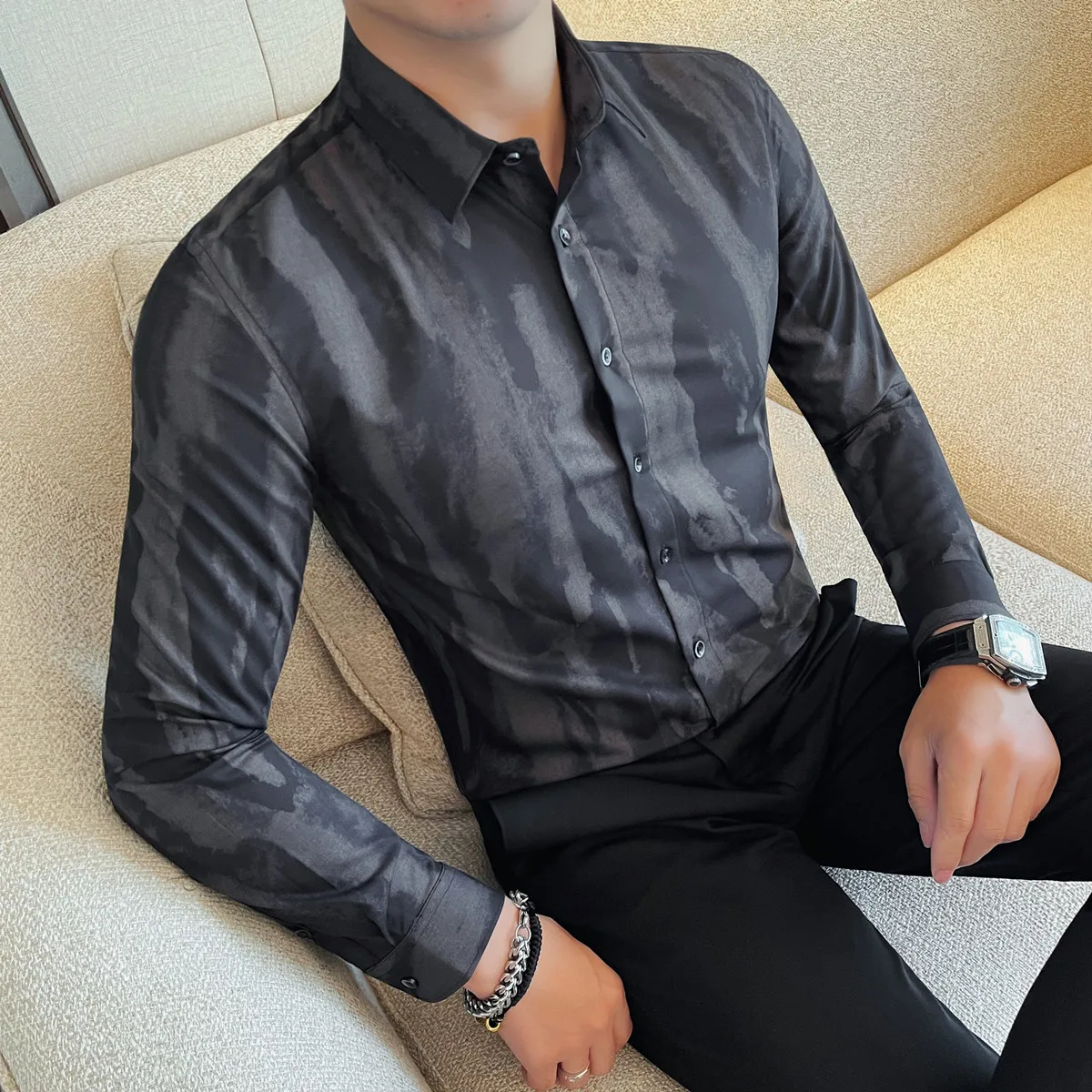 

Camisas De Hombre, осень-зима, новые полосатые мужские рубашки с длинным рукавом, универсальные, облегающие, деловые, повседневные, мужские, социальные, рубашки, платье