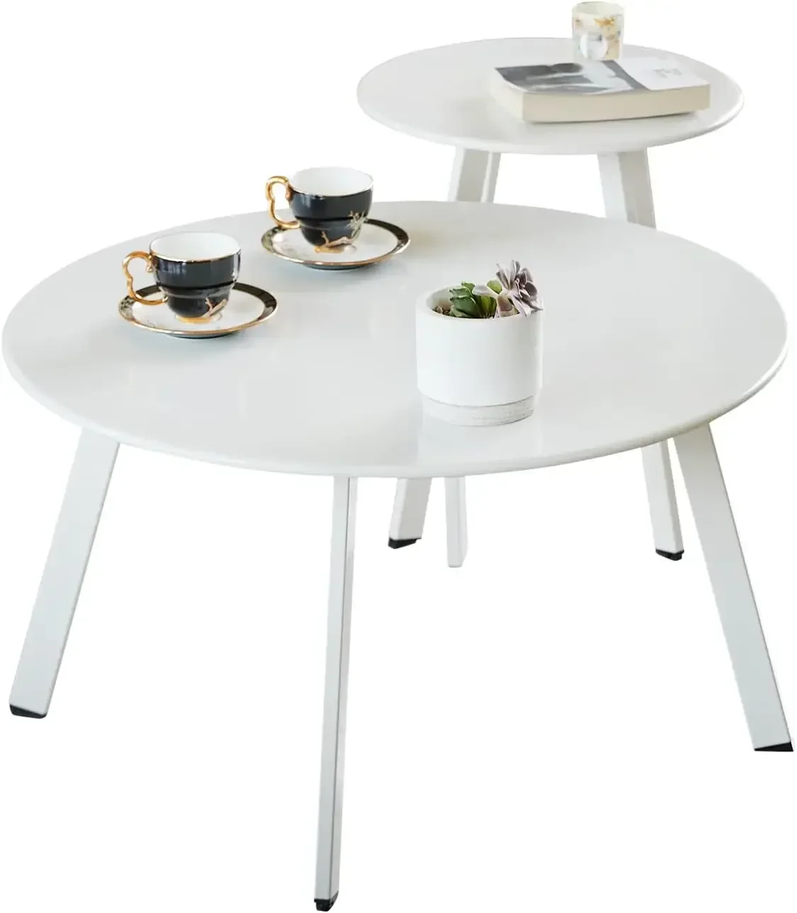 

Patio Coffee Table Set of 2, Weather Resistant Outdoor Round End Table, Nesting Tables for Living Room Balcony Office, White