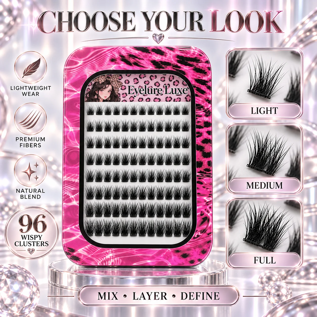 Eyelure Luxe Eyelure Luxe 96 Individual Cluster False Eyelashes, Multi-Layered Messy-Looking Lashes, Premium Gradient Faux Fiber Lashes, Pink Leopard Print Transparent Flip-Top Storage Box Design - Light / Medium / Thick - 3 Different Effects to Choose From, Apply Lightly and Naturally on the Eyes, Suitable for Daily Charm and Special Occasions