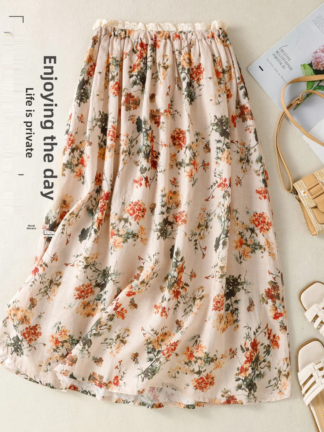 

Artistic Commute Floral Embroidery Lace Trim Half Skirt Plant Floral Pattern Anti-Aging Style Women's plus Size Skirt