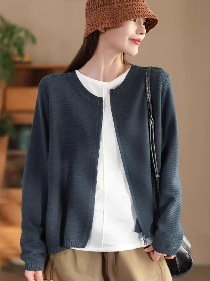 سترة نسائية مفتوحة من القطن المحبوك غير رسمية سترة طويلة Sve سترة Jaet برأس مزدوج وسحاب فضفاض مناسب للخريف والشتاء Sle