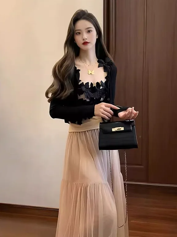 

Spring Set 2026 New Women's Unique Beautiful Black Open Cardigan Strap Mesh Skirt Fashion Three-piece Set Comfortable Long Sl...