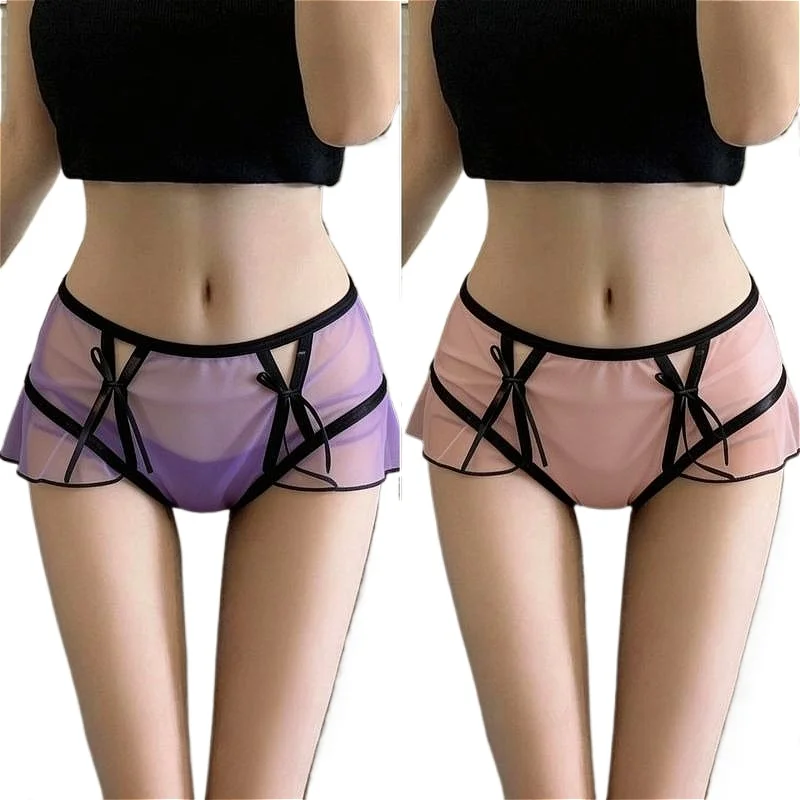Sexy Underwear Sweet Womens Lace Triangle Panties Transparent Mesh Girls Briefs Bow Low Waist Cotton Crotch Smooth Трусы Женские