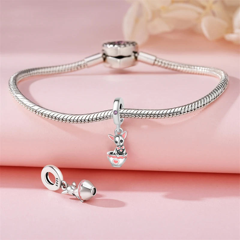 925 Sterling Silver Beads Original Pink Teacup Chihuahua Pendant Charm Fit Bracelets Necklaces Jewelry For Women