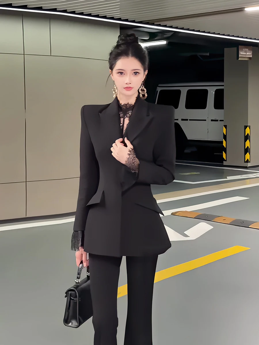 

Professional Commuter Style Women's Suit Jacket Lace Paneling Waist Cinching Slimming Design Autumn Winter New Arrival