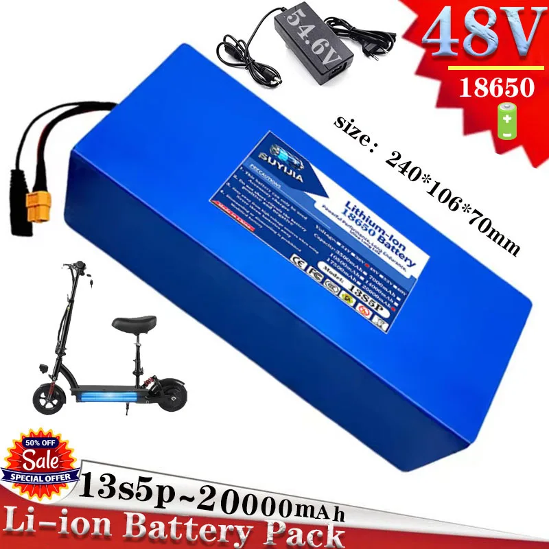 2026 new 18650 13S5P 48V 20Ah rechargeable lithium battery, built-in smart BMS suitable for 100-1000W motor and 54.6V 2A charger