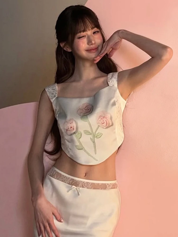 Weird Puss Sweet Patchwork 2-teiliges Set für Damen, Blumendruck, unregelmäßiger Saum, Camisole + Spitzenrock mit elastischem Bund, Sommer-Mode-Anzug – Detail 13