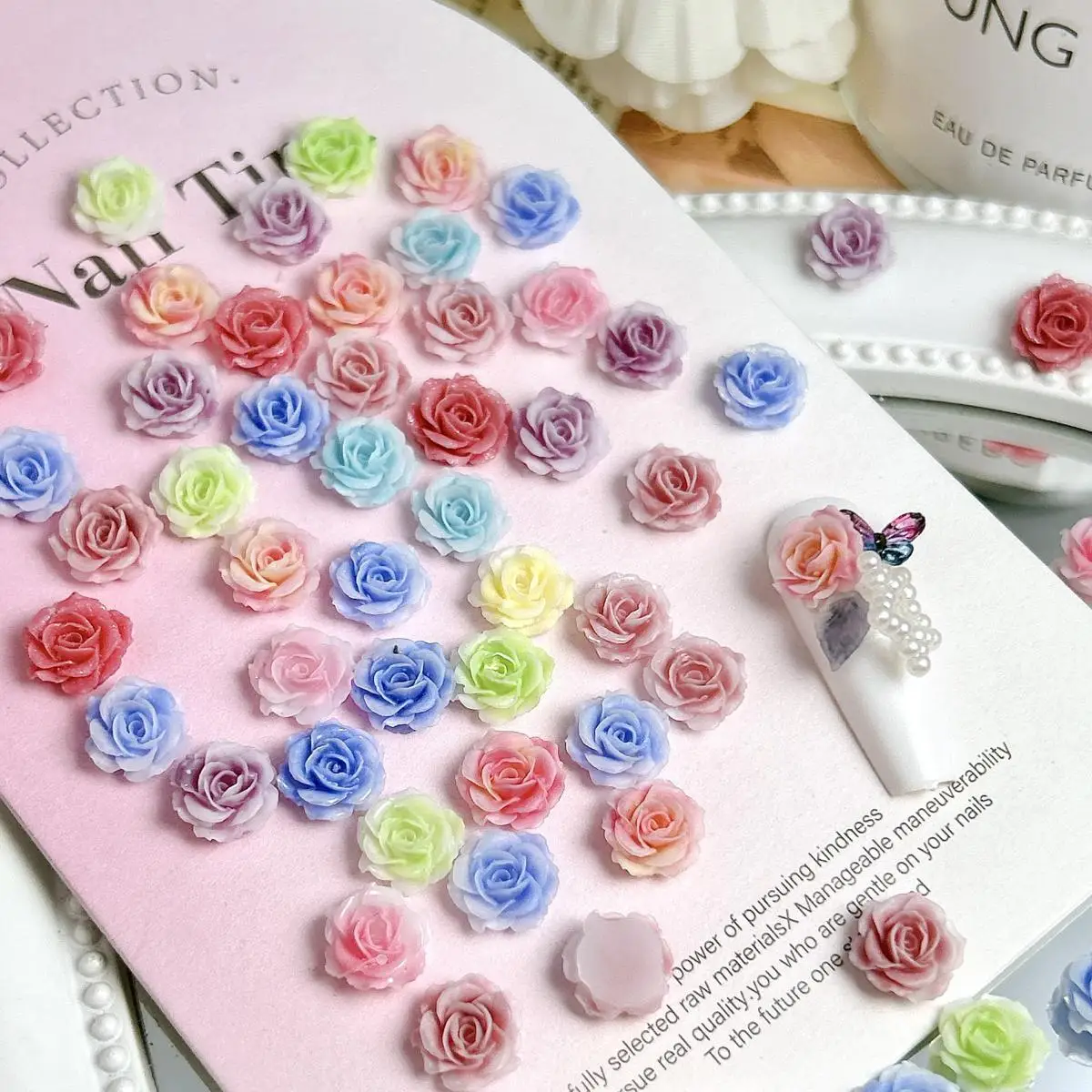 60PCS 시뮬레이션 된 솔리드 컬러 빛나는 모란 수지 네일 아트 장식 미니멀리스트 독특한 부드러운 꽃 네일 매력 DIY 손톱 부품