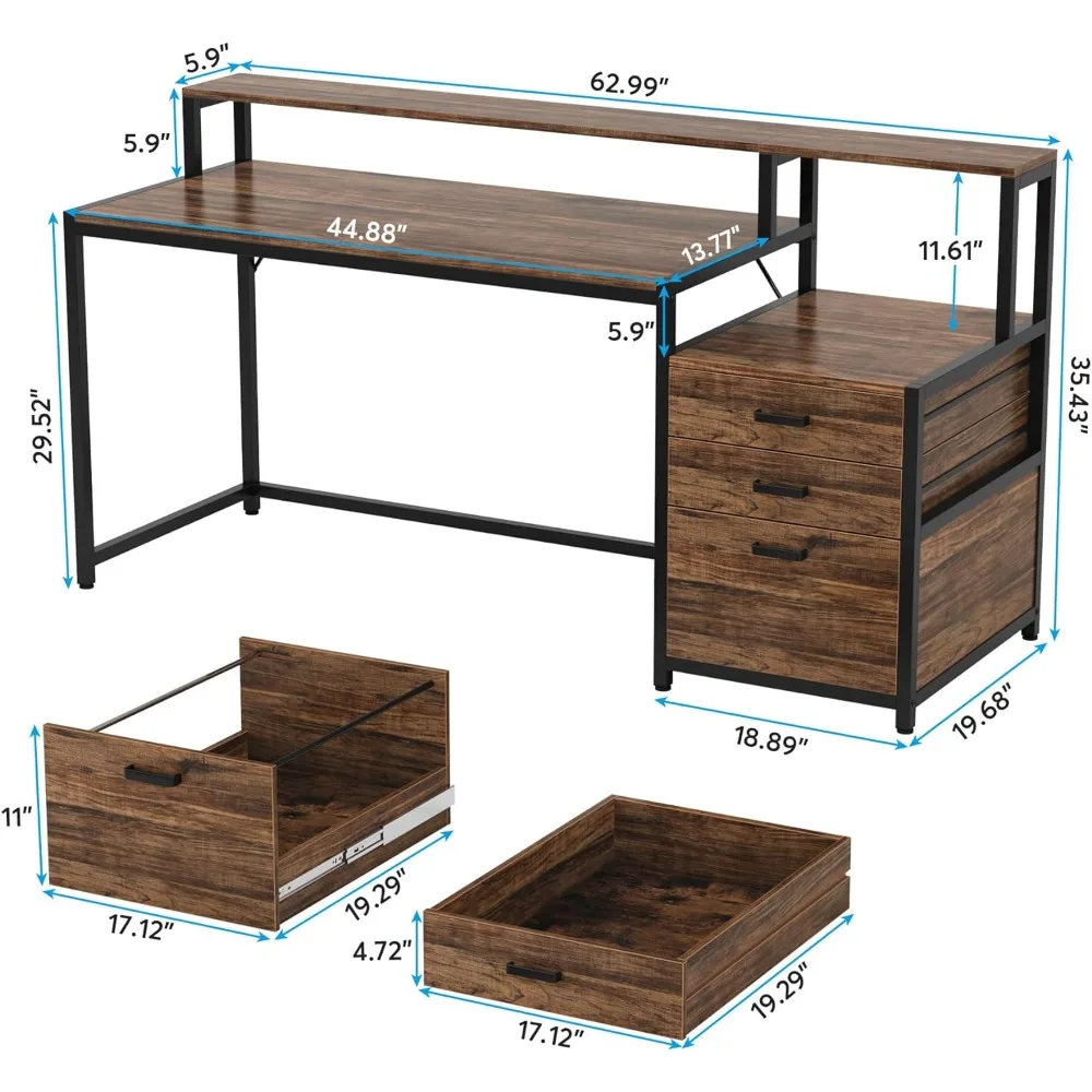 Mesa do computador com armário de gaveta, mesa ergonômica do escritório, suporte do monitor, 63"