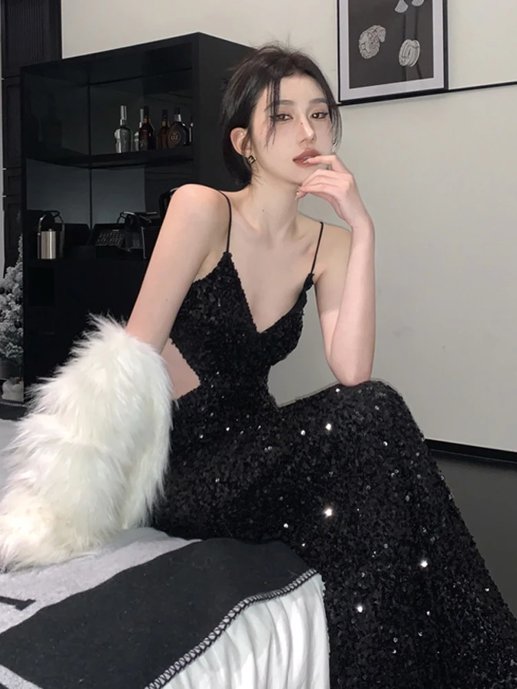 

Sexy Bla Sequin Strapl Dr Wedding Dr High Waist A-Line Skirt Long Dr Korean Sle for Engagement Parties Meetings