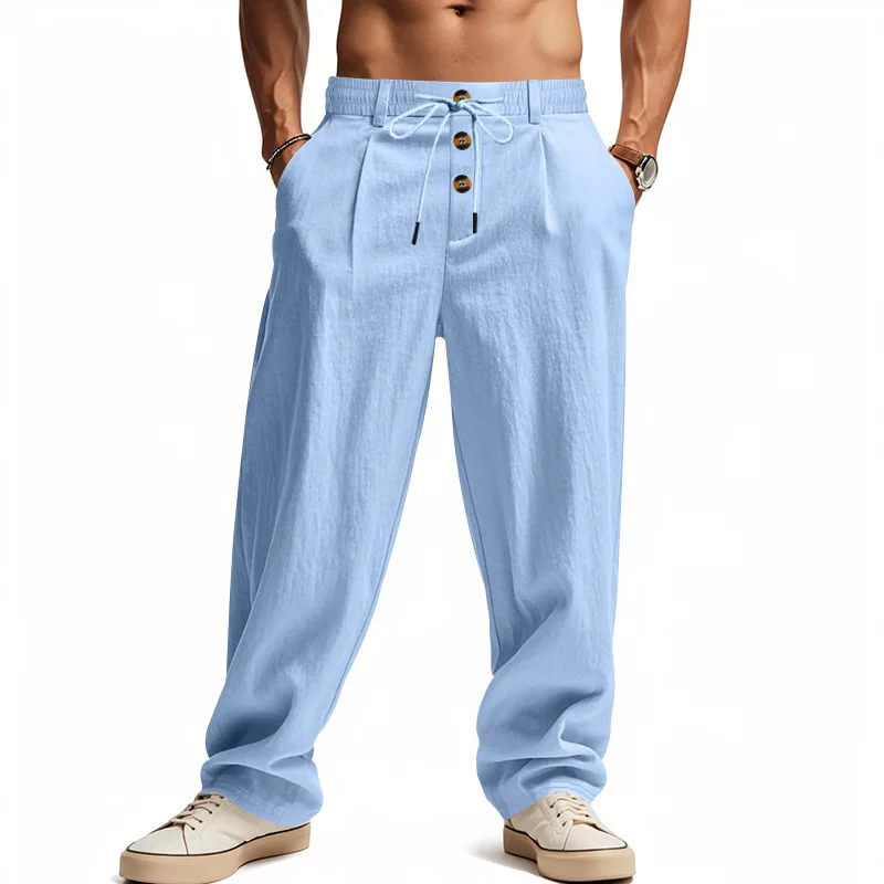 Herren Boho Leinenmischung Weite Hose mit Hoher Taille, Kordelzug, Knopfleiste, Lockerer Passform und Seitentaschen – Detail 32