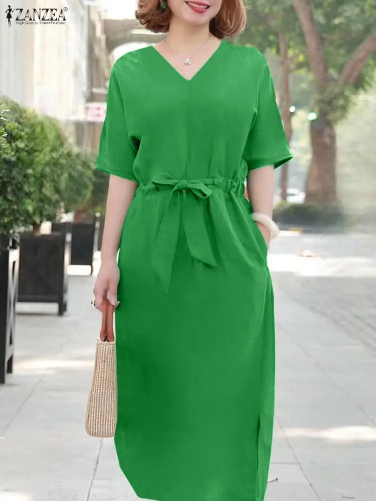 ZANZEA فستان ميدي أنيق متين موضة كم قصير برباط فستان الشمس عتيق على شكل حرف a فيستدوس 2025 رداء فضفاض غير رسمي برقبة على شكل حرف v