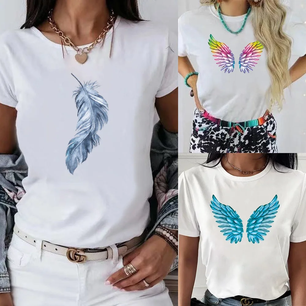 

Women's T-shirts White Tops Harajuku Summer O-Neck Short-sleeve Feather Printed Streetwear Sports Breathable Shirt Commuter Tops