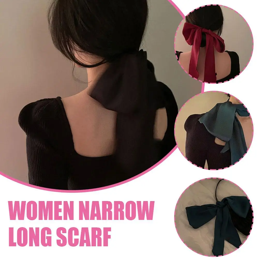 Women Narrow Long Scarf 120cm Solid Color Chiffon Silk Headbands Bag Red Choker Streamer Rubber Black Ribbon Tie Z4J8