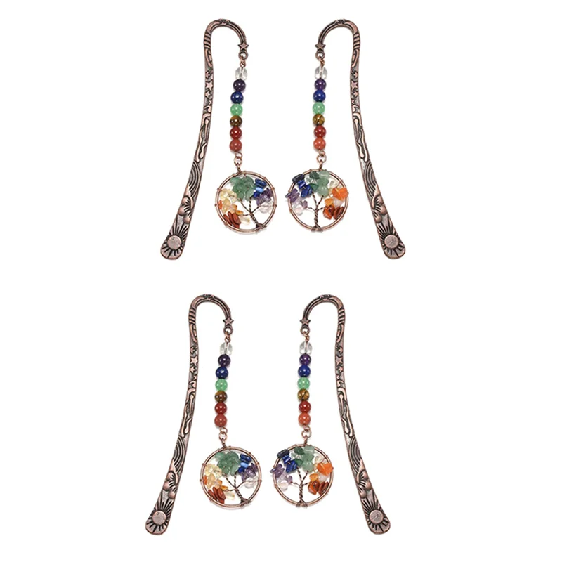 

J1UL1N 4X Chakra Crystal Bookmark Vintage Metal Tree Bookmarks For Women Student Teacher Graduation Christmas Gift