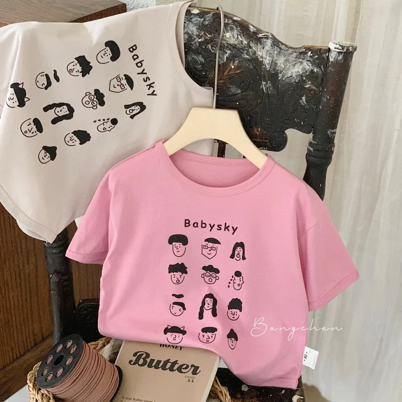 ChildrenTT-shirt2024Summer Letters Casual Short Sleeve New Boys and Girls Cartoon Head T-shirt TopG0169-WS