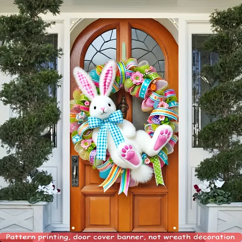 1PC, HEGO Easter Bunny Garland - Polyester simulated plush rabbit door cover for indoor/outdoor spring holiday decorations