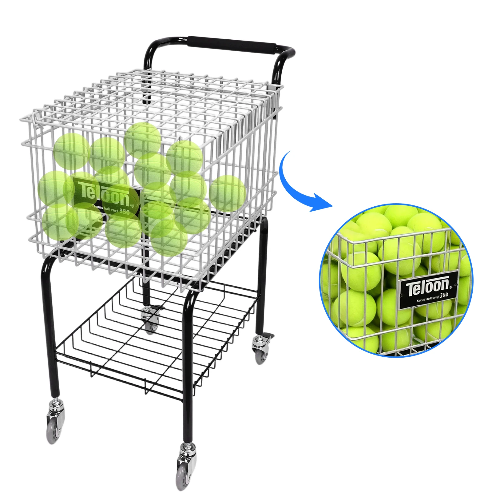 

Training Ball Pickup Basket with Wheel Tennis Ball Storage Cart Holds 350 Balls Tennis Teaching Cart Basket Carrier Gatherer