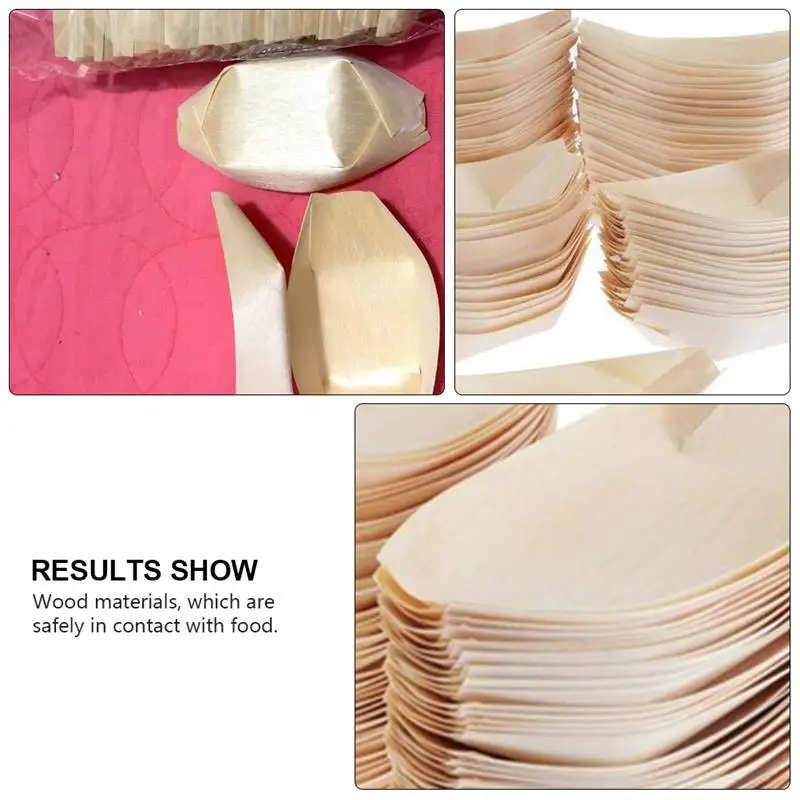 50pcs Boat Sushi Japanese Food Wood Tray Food Disposable Snack Serving Bowl Plate Paper Trays Container Boats Wooden Small Leaf