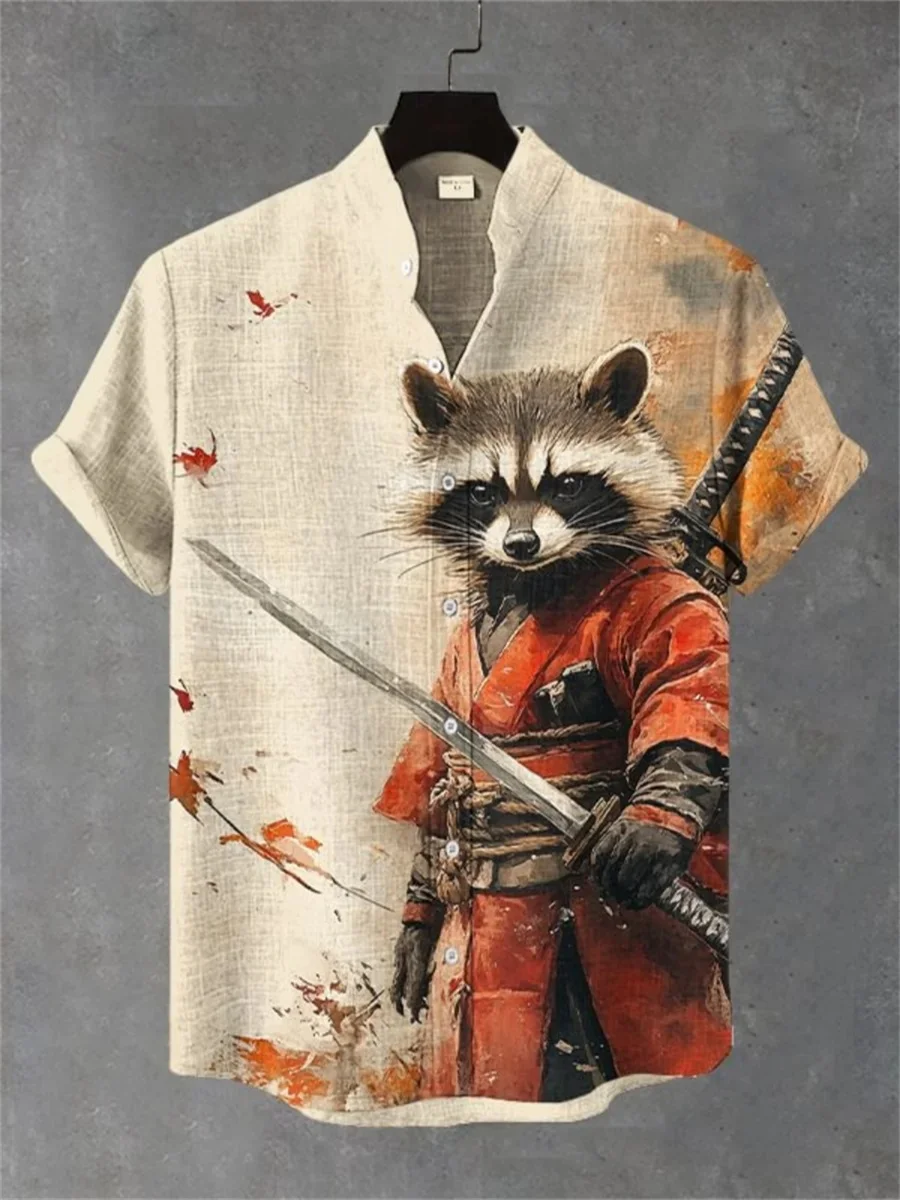 2025 New cartoon cat-themed short-sleeved shirt, summer retro men's art print shirt, casual vacation streetwear