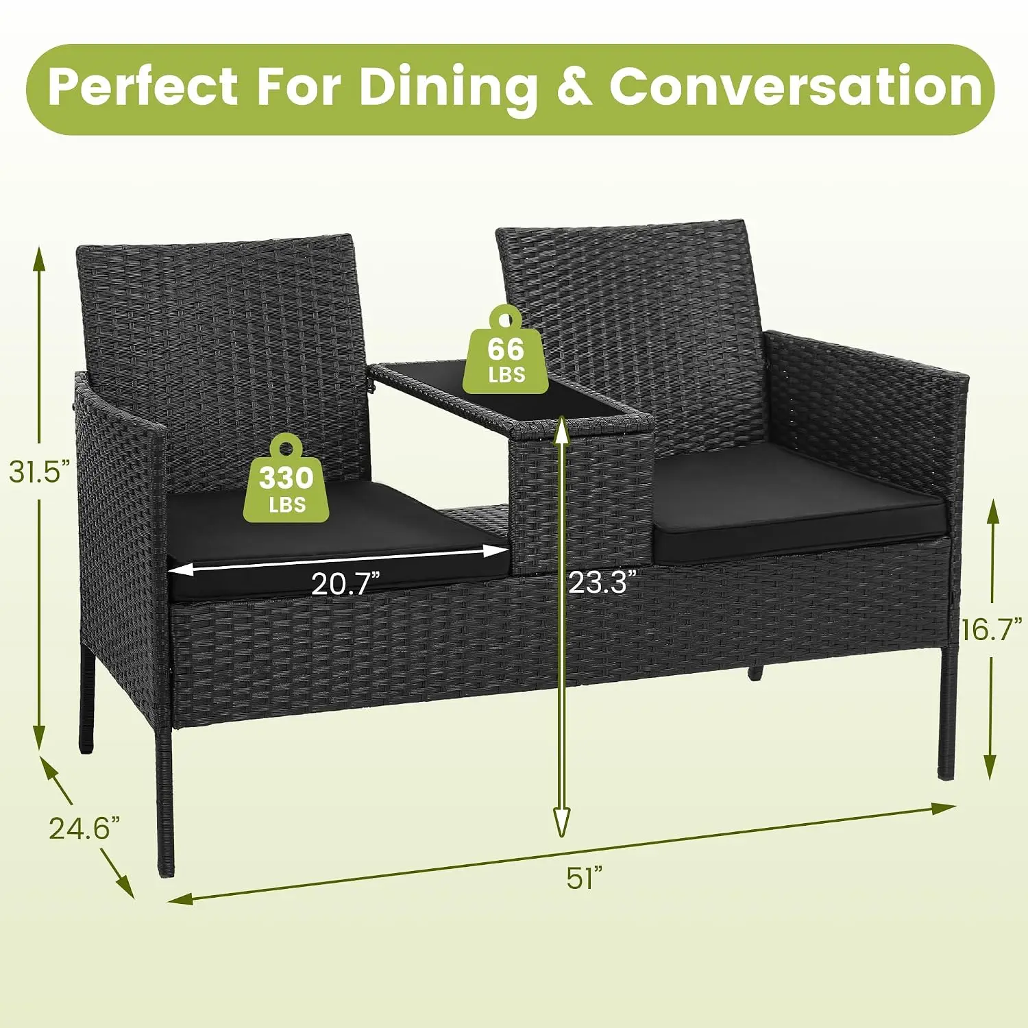 Wicker 2 Seat Patio Loveseat, Outdoor Rattan Loveseat with Table | Washable Cushion Covers, Backyard, Garden, Lawn, Customized