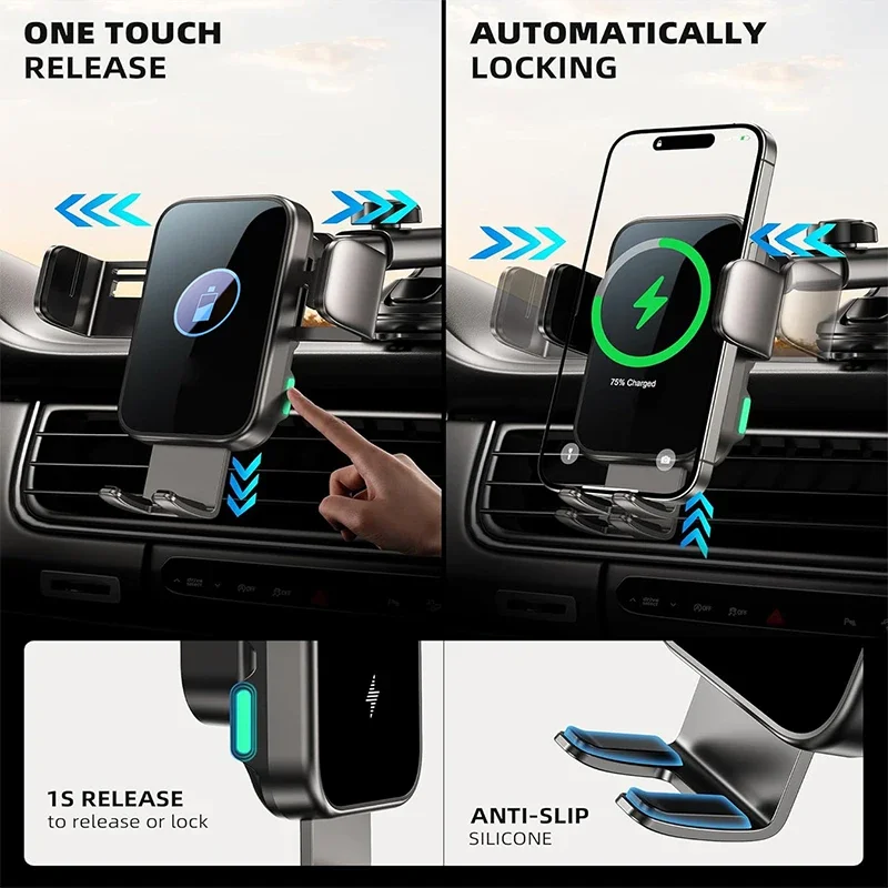 UYUXIO Wireless Car Charger 66W Fast Charging Auto Clamping Air Vent Car Phone Holder with LED Light for iPhone 16 15 14 Pro Max