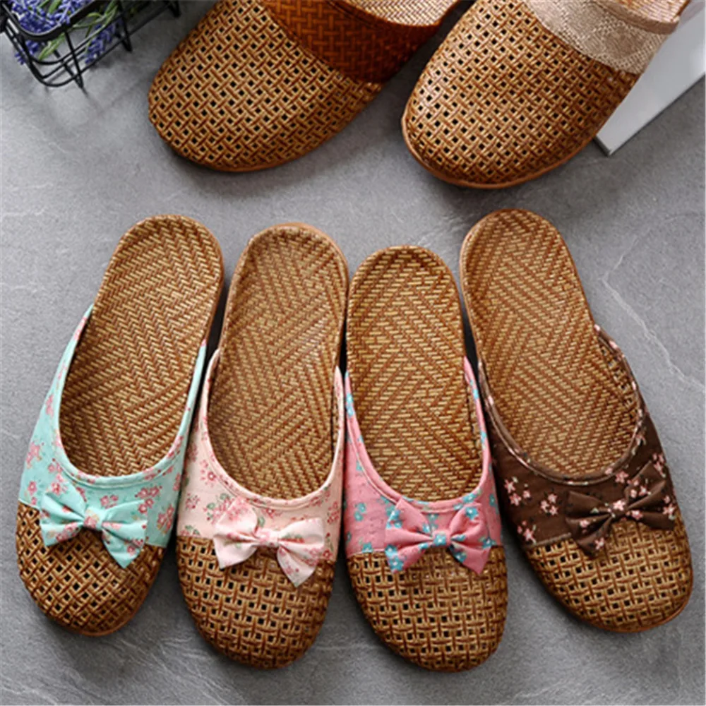 Summer Shose Women Slippers Beach Flip Flops Breathable Linen Flat Slippers Female Casual Flax Bow Ladies Slippers Sandals Shoes