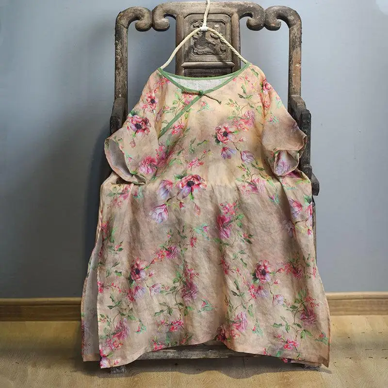 

Летняя новая женская свободная повседневная футболка в стиле искусства с коротким рукавом и v-образным вырезом, винтажная хлопковая льняная длинная футболка с цветочным принтом, женские топы