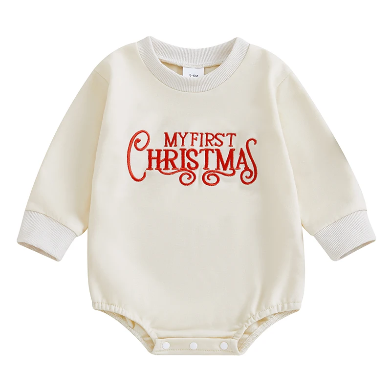 

Baby Christmas Bubble Romper Letter Embroidery Long Sleeve Sweatshirt Jumpsuit for Boys Girls