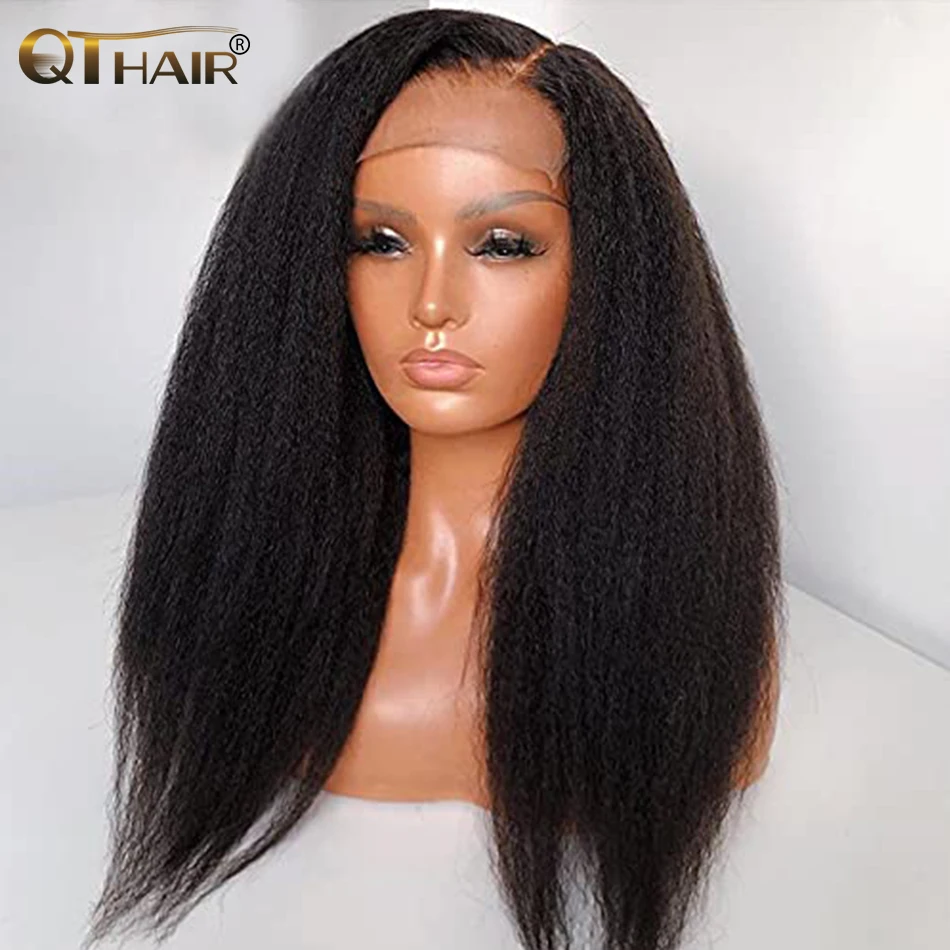 QT Italian Yaki Lace Front Wigs Human Hair 13x4 Kinky Straight Lace Front Wigs for Black Women Transparent Lace Frontal Wig 180%