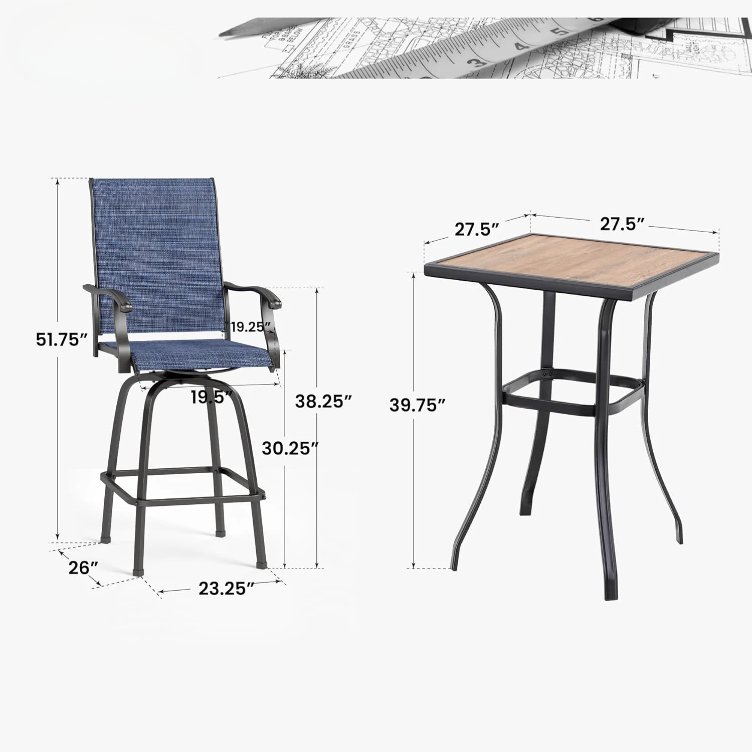 

3Pcs Outdoor Swivel Bar Stools Set, Bar Height Patio Table and Chairs with All Weather Textilene Fabric