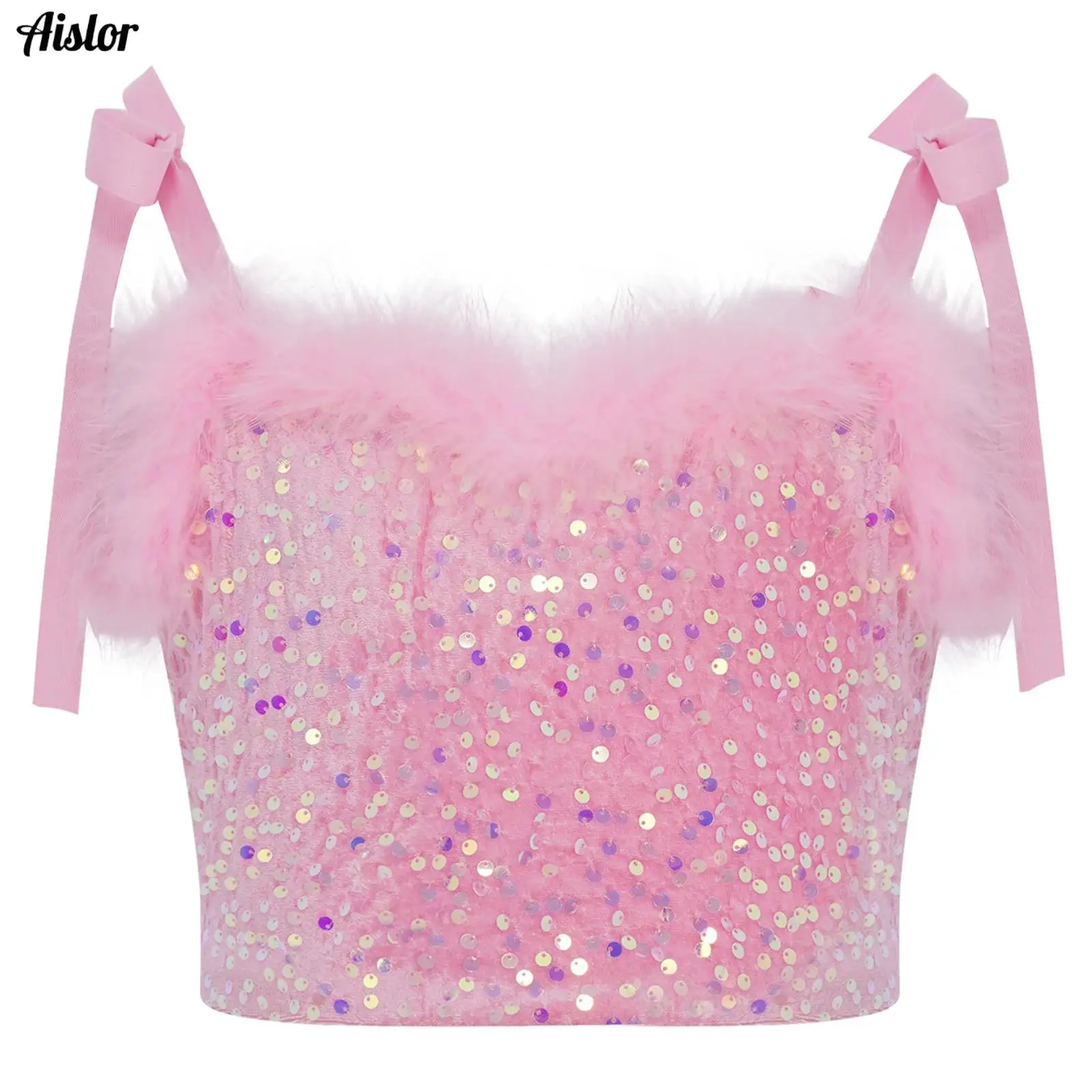 

Kids Girls Camisole Hip-Hop Jazz Dance Top Feather Trim Glittery Sequins Lace-up Straps Crop Top for Party Dance Performance