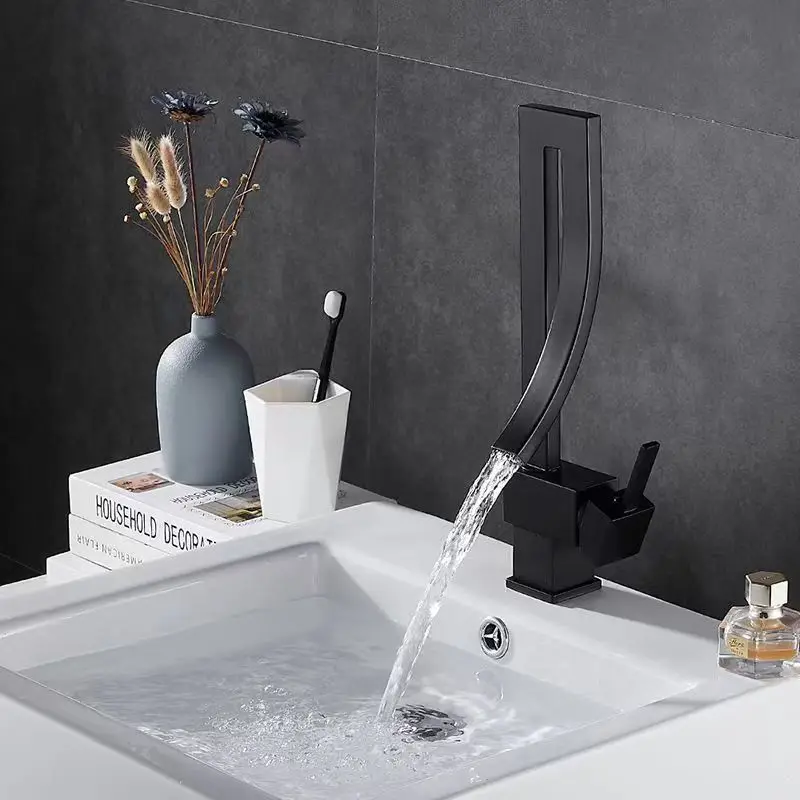 All-copper Basin Faucet, Modern Style, Black Antique Baking Finish, Square Rotating Waterfall Mixer for Cold and Hot Water