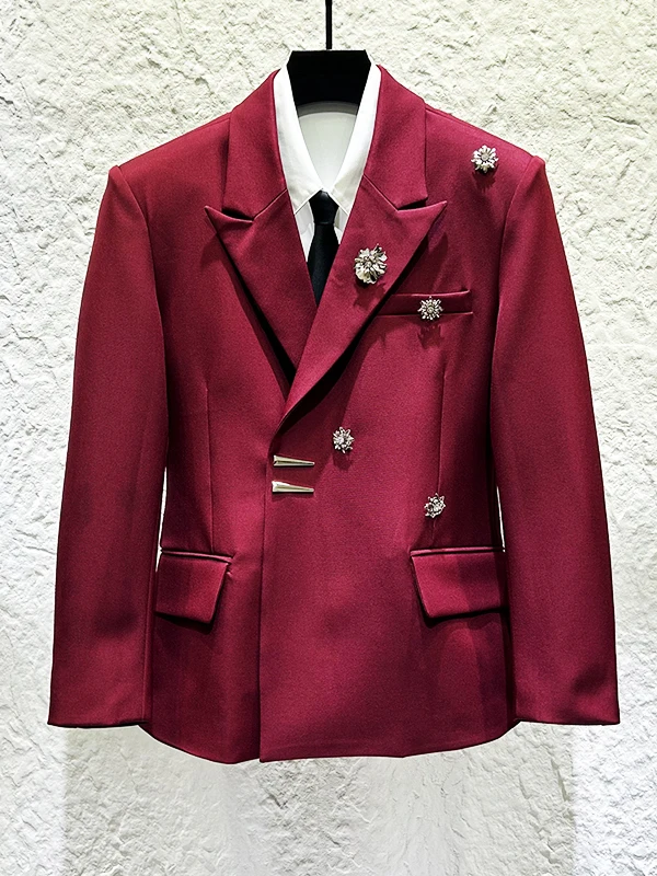 

Мужской костюм Ele цвета красного вина с металлическим декором, модный, с завышенной талией, повседневный стиль для банкетов