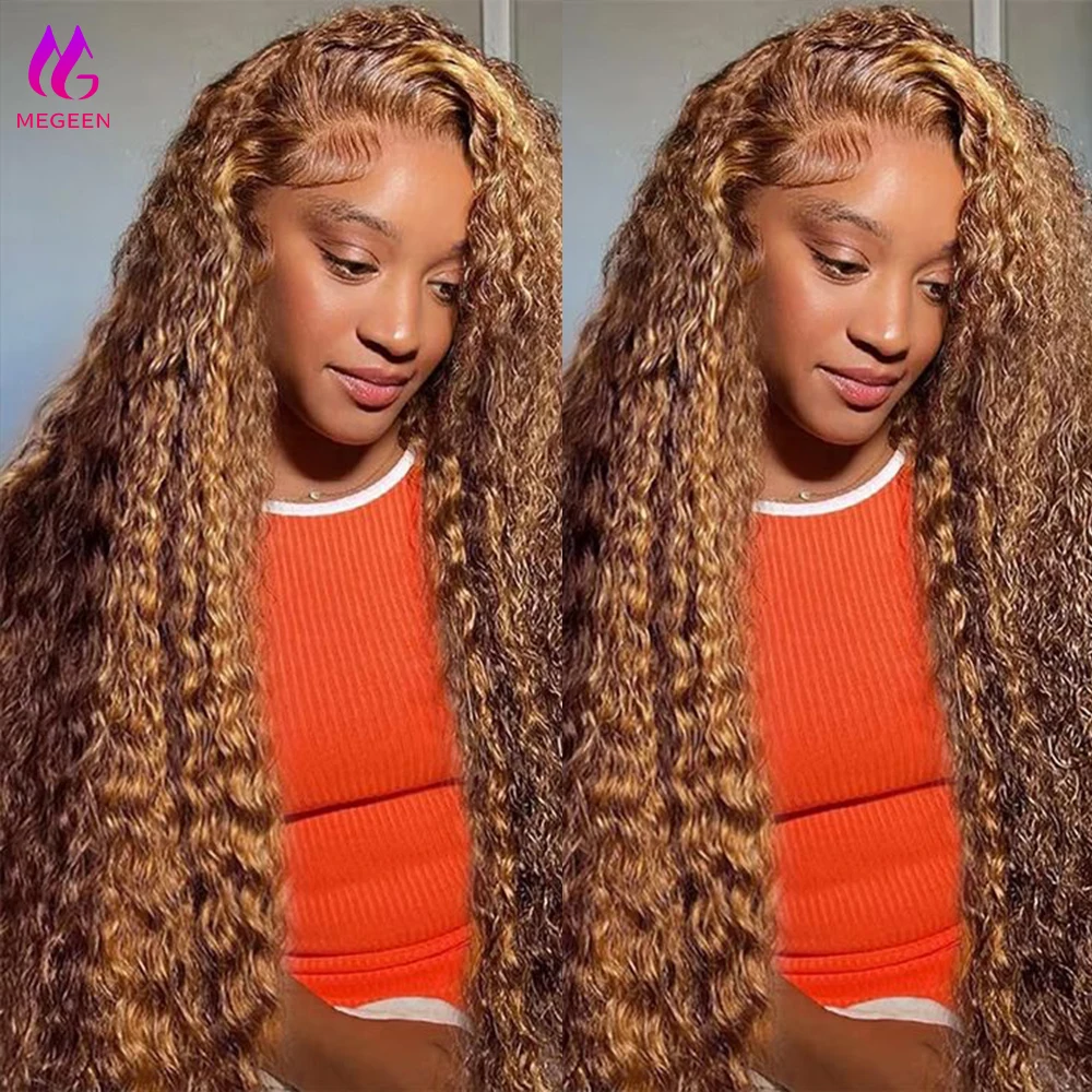 Megeen-Perruque Lace Front Wig naturelle ondulée, cheveux humains, couleur blond miel ombré, 13 tage, P4/27