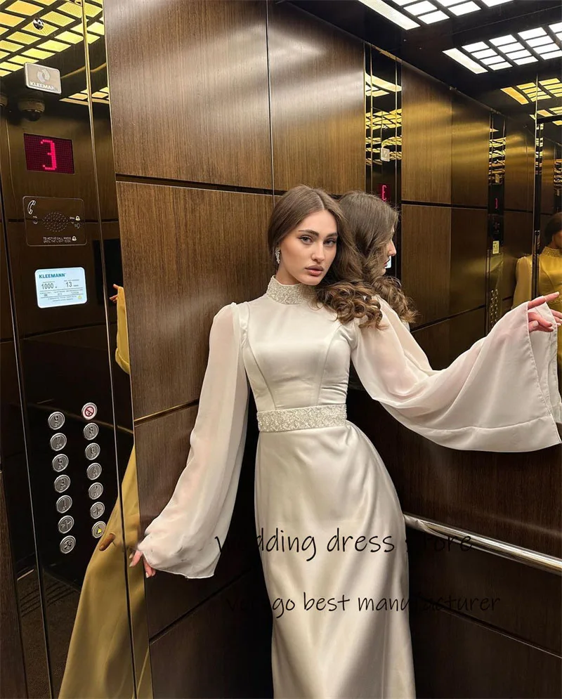 OLOEY Modest White Silk Satin Mermaid Wedding Dresses Puff Long Sleeves Beads Bridal Gowns Arabic Dubai Formal Evening Dress