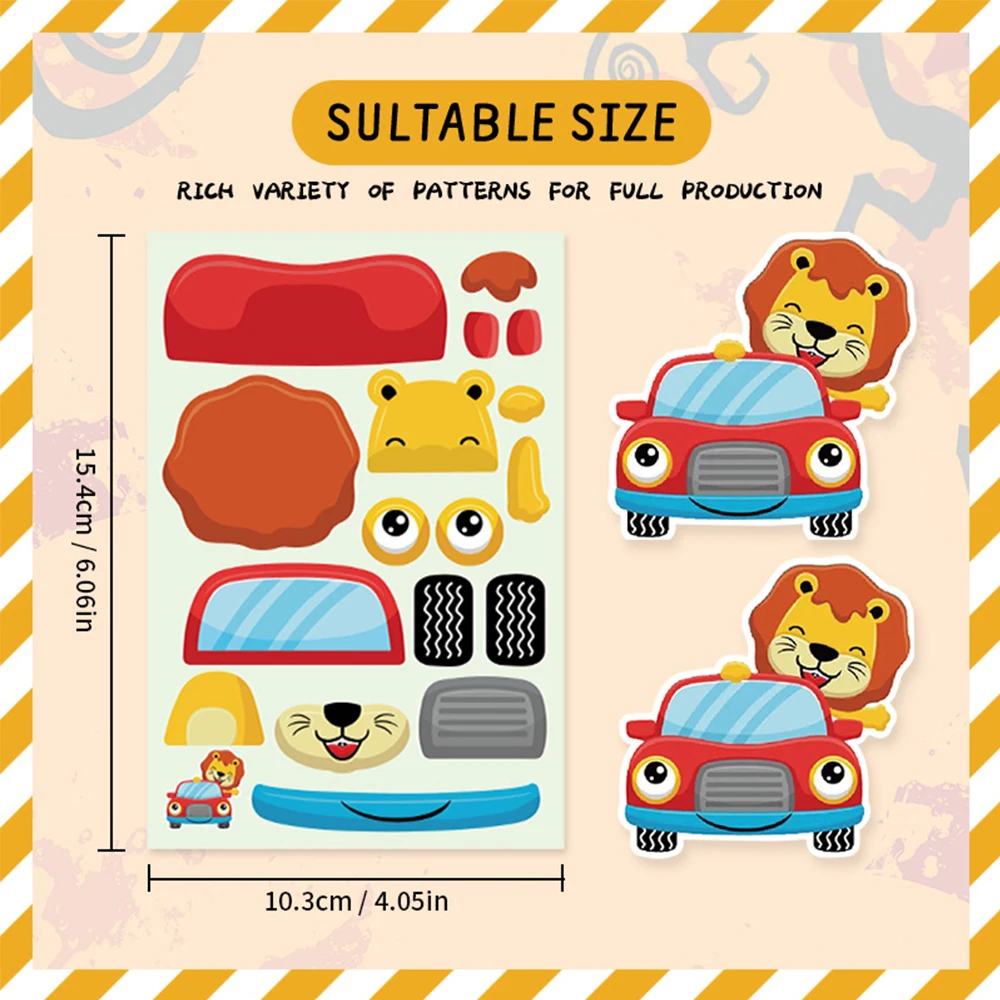 8/16sheets Funny Animal Transportation Vehicle Car Stickers Make a Face DIY Cartoon Assemble Jigsaw Decals for Theme Party Toy