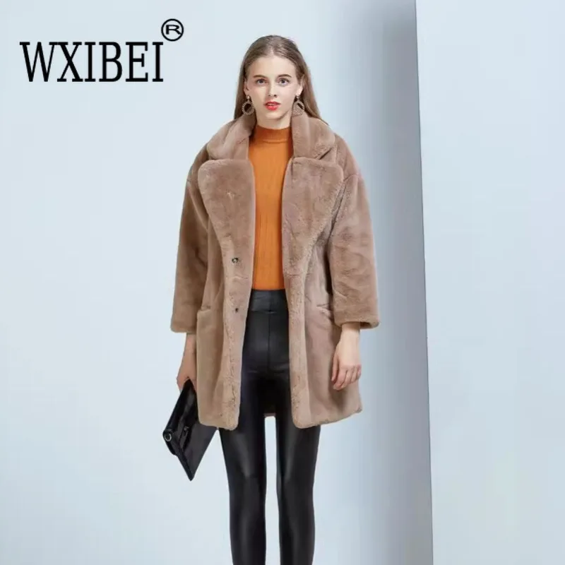 Women Faux Fur Coats Solid Cardigan Turn Down Collar Full Sleeved Jackets Loose Fit Thick Coat Pocket Ladies Winter 2024